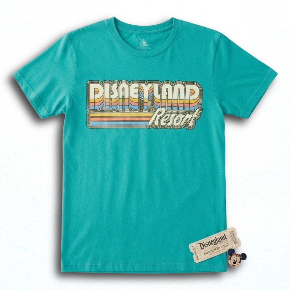 Disney Parks Disneyland Resort Retro Rainbow Graphic T-Shirt Teal Green Medium